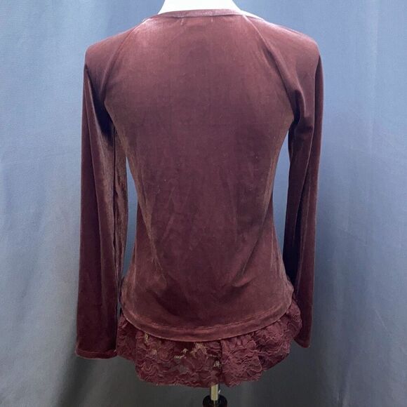 Sundance Catalog Velvet Velour w/lace trim maroon shirt/top XS - Picture 3 of 6